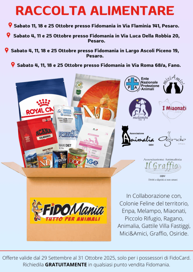 Volantino Fidomania OTTOBRE 2025 su cibo e accessori per animeli domestici.
